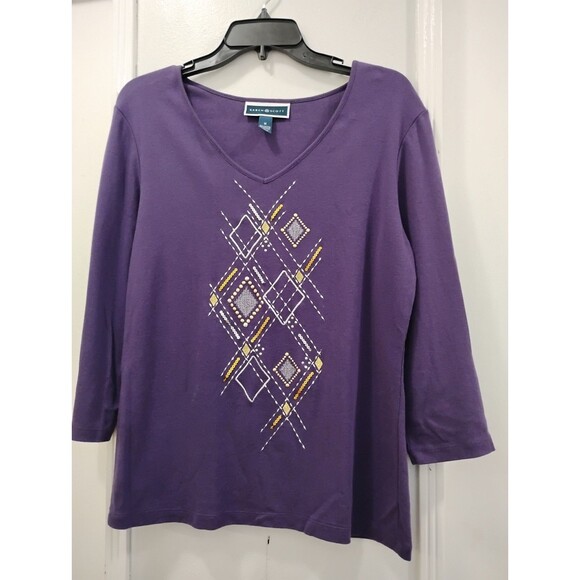 Karen Scott Pullover Knit Top Decor V-Neck 3/4 Sleeve SZ M Purple Cotton Blouse - Picture 1 of 7